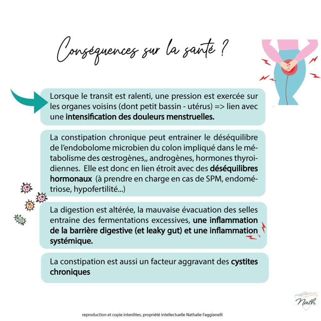 les conséquences de la constipation sur l'équilibre hormonal, les douleurs menstruelles, l'inflammation, les cystites chroniques